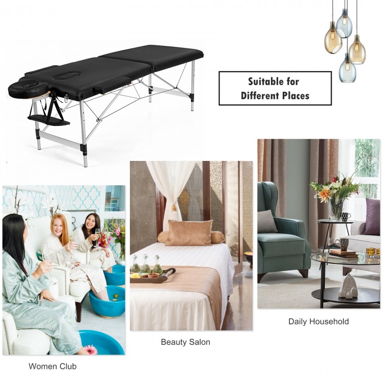 Portable adjustable massage bed in black, featuring a sturdy aluminum frame, suitable for spas and salons.