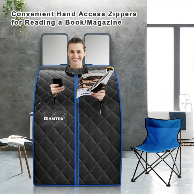 Portable personal far infrared sauna in black with hand access zippers, foldable chair, and heating foot pad for.