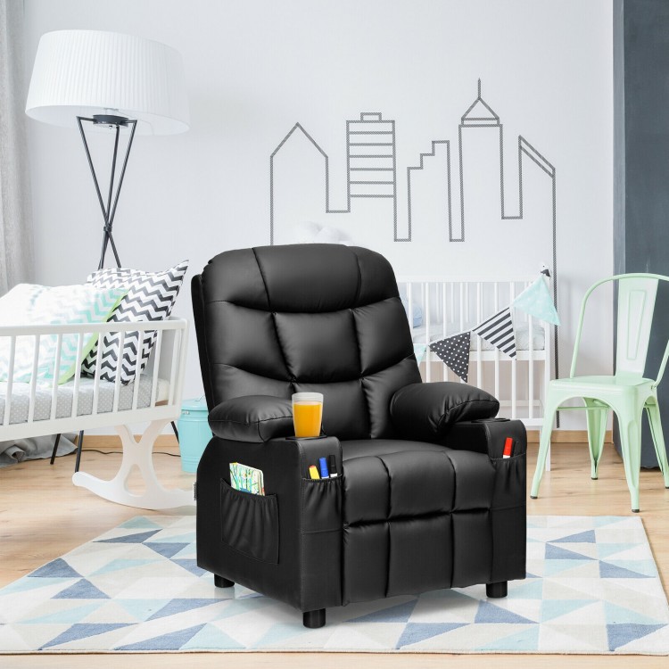 Kids recliner chair in black with cup holders and footrest, designed for comfort and stability, perfect for children.
