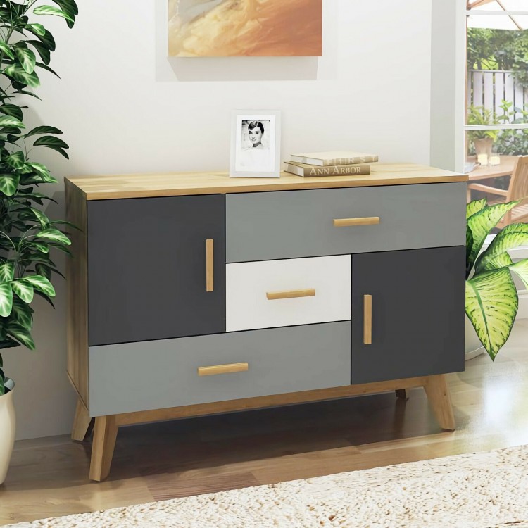 Side view of the free-standing storage cabinet showcasing its elegant design, two doors, and three spacious drawers for.