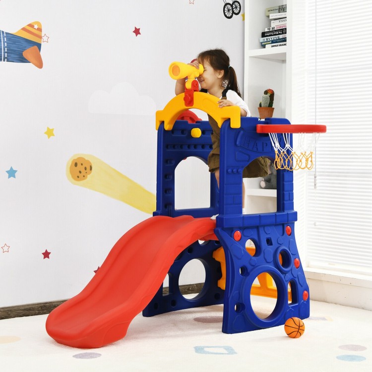 Freestanding kids slide with basketball hoop, featuring a smooth curved slide and sturdy HDPE construction for safe.