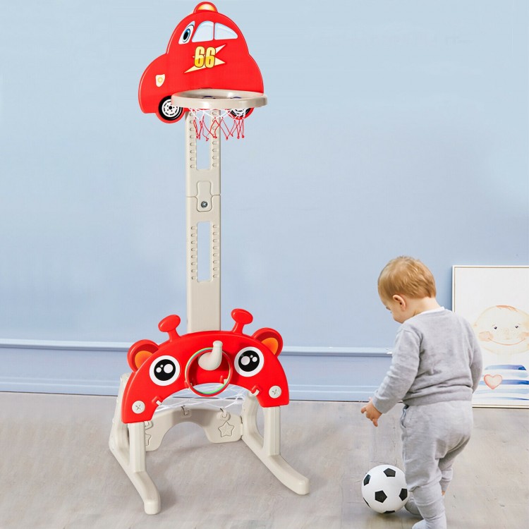 3-in-1 adjustable height basketball hoop playset for kids in red, featuring basketball, football, and ring toss games.