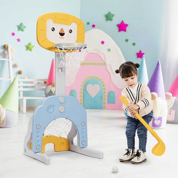 Adjustable 3-in-1 kids basketball hoop set in yellow, featuring basketball, golf, and soccer games for ages 2-7.