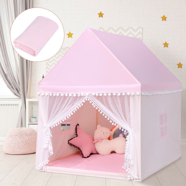 Large pink kids play tent with solid wood frame and soft mat, perfect for indoor and outdoor play.
