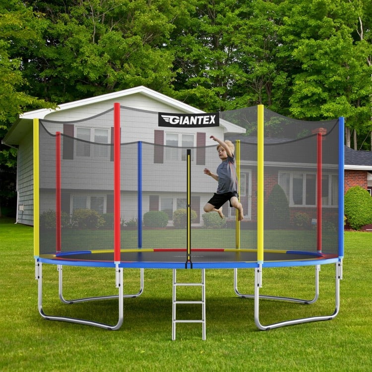 Colorful 14 feet trampoline with safety enclosure net and ladder, perfect for outdoor fun for kids and adults.