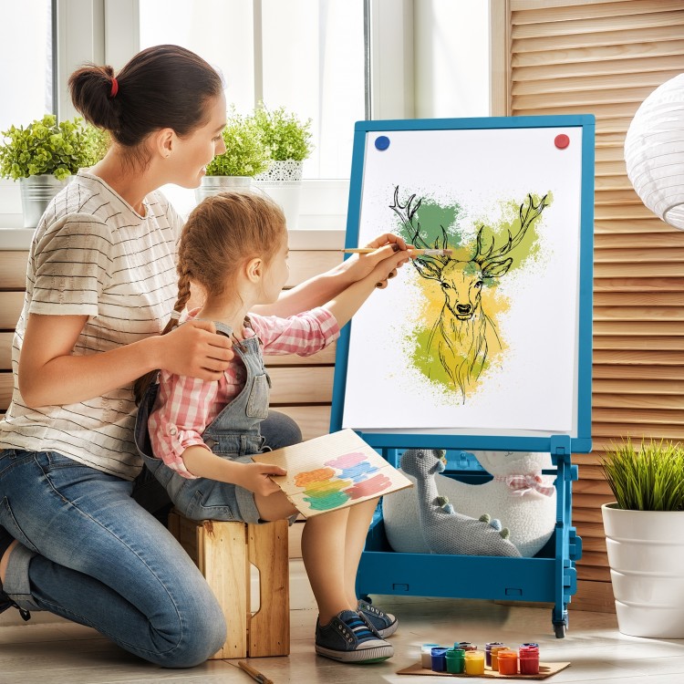 Kids' standing art easel in navy with adjustable height, large drawing board, and storage for painting tools.