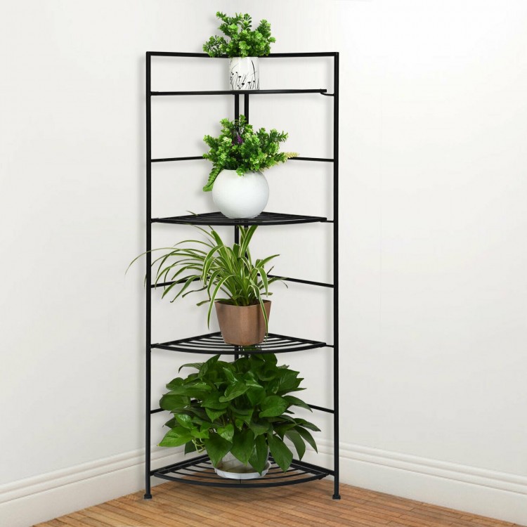 4-tier folding metal shelf plant stand in black, featuring a sturdy design for corner display and ample storage for.