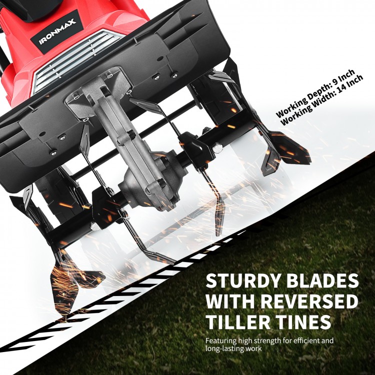 Sturdy tiller blades with reversed tines for efficient soil cultivation, featuring a 10-amp motor and 9-inch depth.