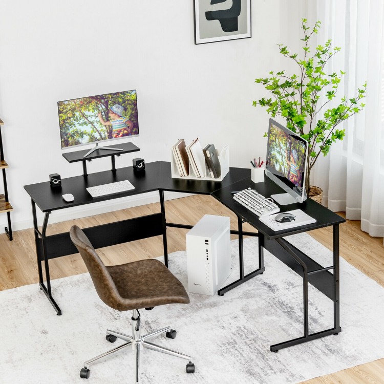 L-shaped black computer desk with monitor stand, flexible configuration, ideal for office or study use.