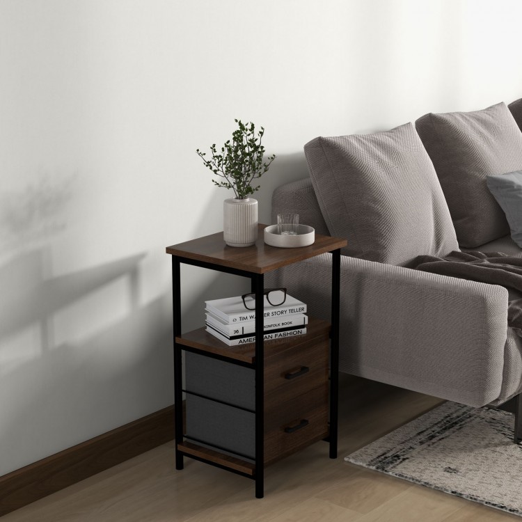 3-tier retro nightstand in walnut with a sleek metal frame and open shelf, perfect for bedside essentials and decor.