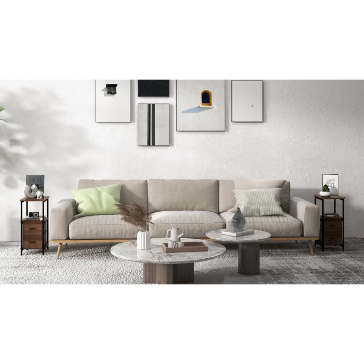 3-tier retro nightstand in walnut with removable fabric drawers and open shelf, ideal for organizing living room.