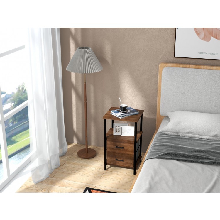 Stylish 3-tier retro nightstand with open shelf and removable fabric drawers, enhancing bedroom decor and functionality.