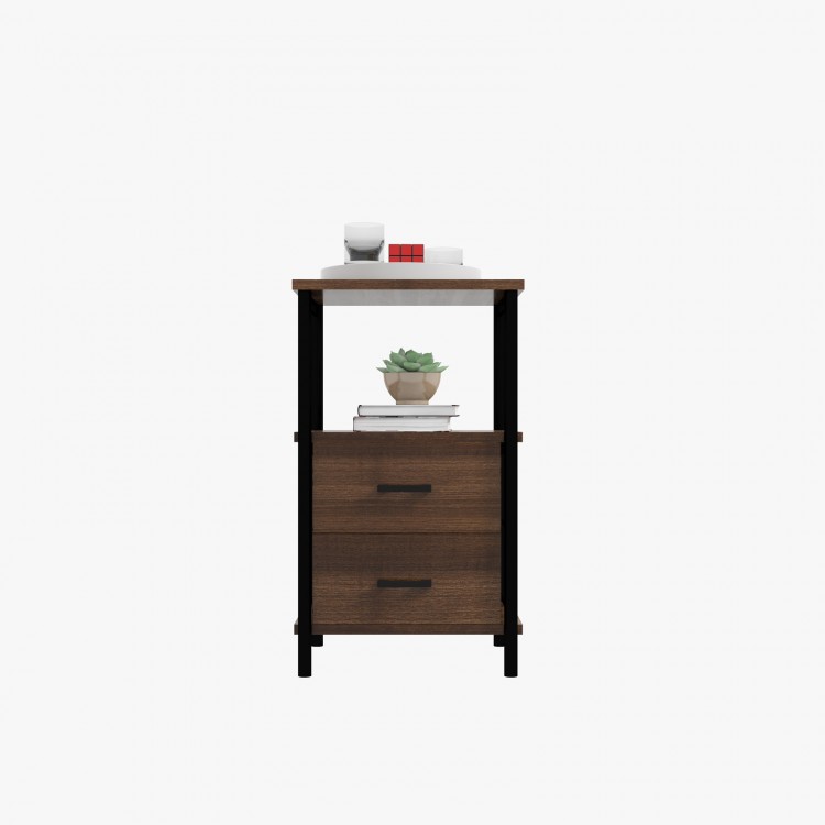 Front view of the 3-tier retro nightstand in walnut, highlighting the sturdy metal frame and functional open shelf.