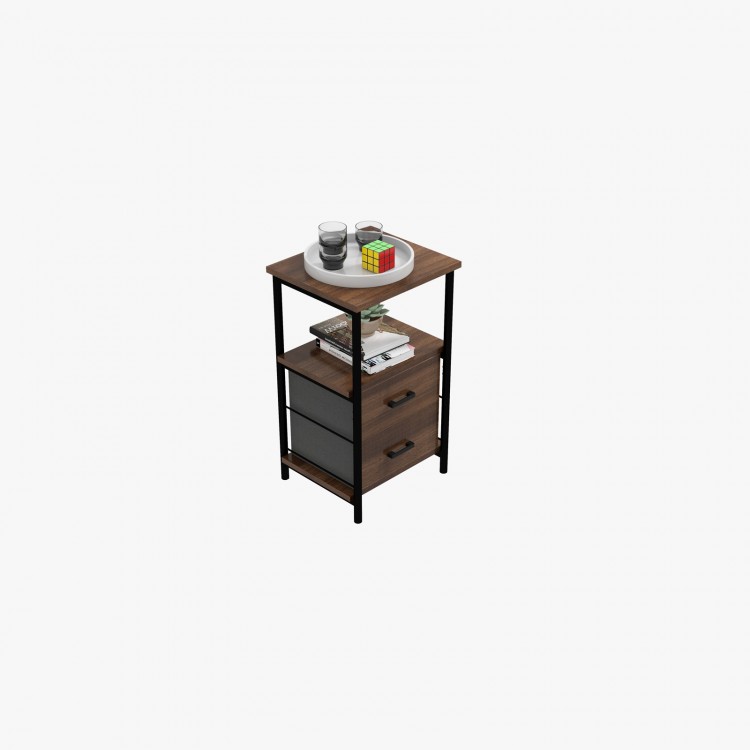 Top view of the 3-tier retro nightstand in walnut, featuring an open shelf and stylish fabric drawers, perfect for.