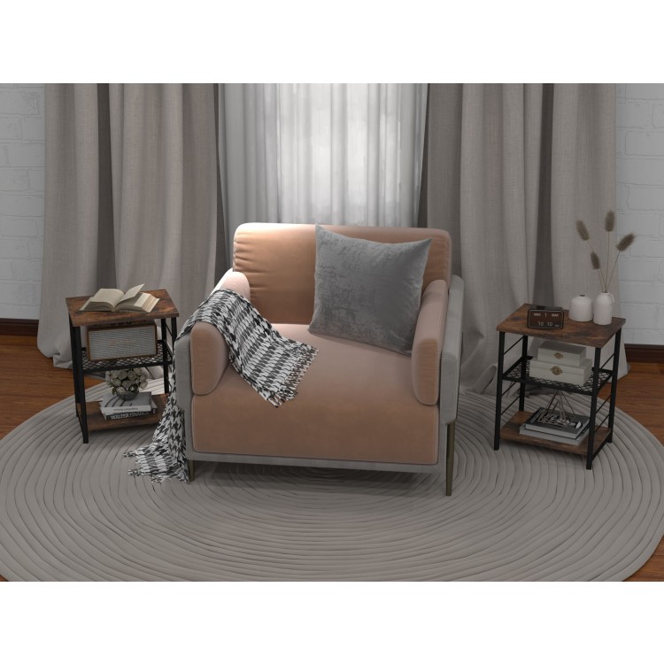 Rustic brown 3-tier industrial side table with adjustable mesh shelf, perfect for small spaces and versatile use.