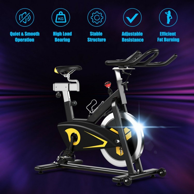 Magnetic exercise bike with adjustable resistance, 30 lbs flywheel, and sturdy triangular frame for indoor workouts.