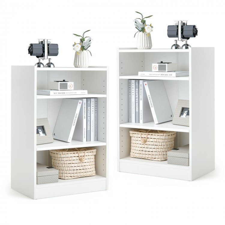 White 3-tier bookcase with adjustable shelves, featuring a minimalist design for versatile home organization.