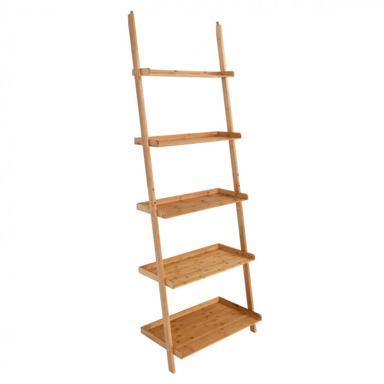 5-tier bamboo ladder shelf with natural finish, wall-leaning design for space-saving storage in living room or kitchen.
