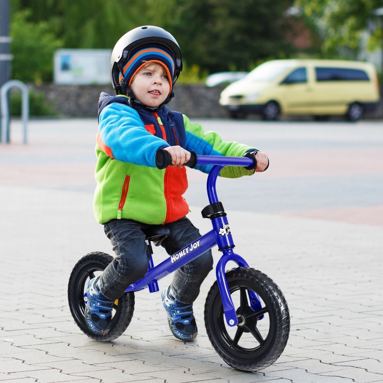 Kids balance bike in blue with adjustable handlebar and seat, featuring puncture-proof tires for safe outdoor riding.