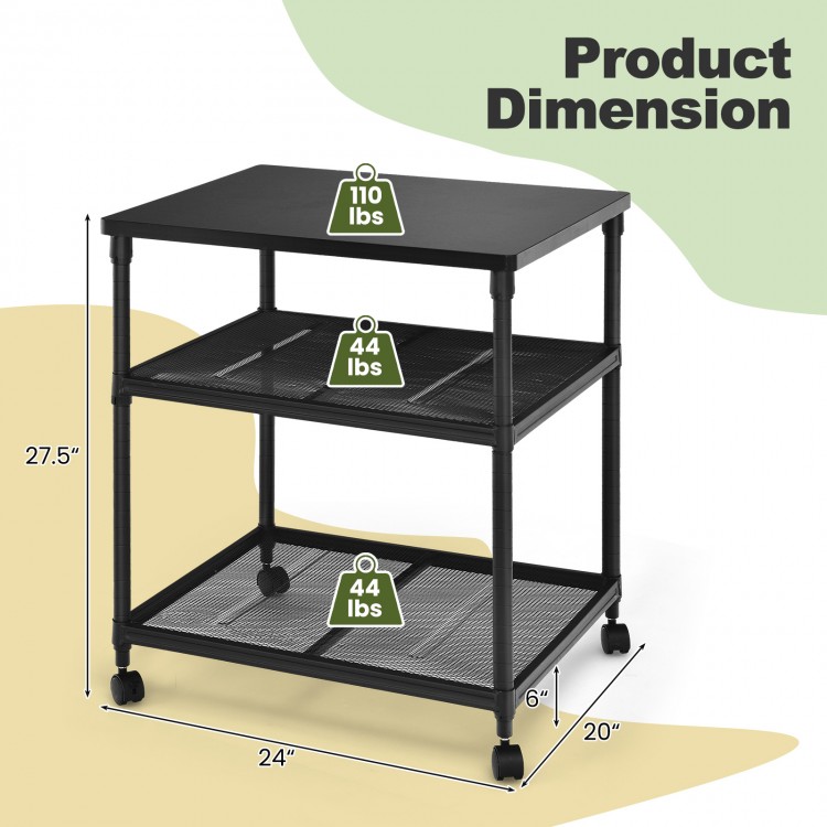 3-tier black printer stand with adjustable shelf, 360° swivel wheels, and sturdy iron wire frame for versatile use.