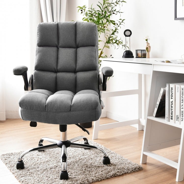Adjustable gray swivel office chair with high back and flip-up arms, designed for comfort and stability in home or.
