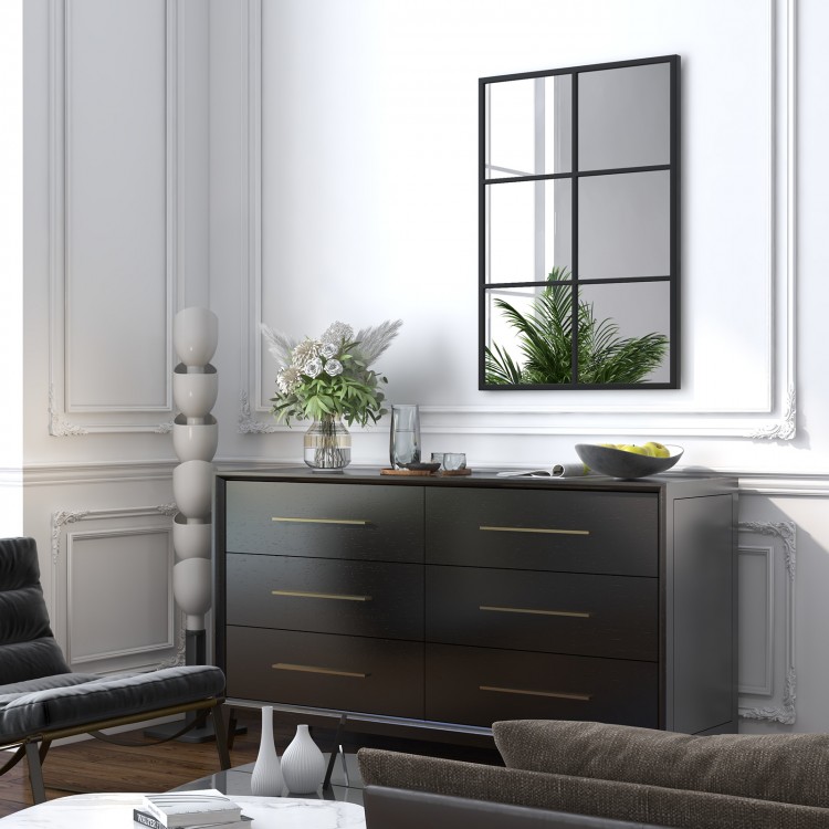 Black 3-layered decorative wall mirror with metal frame, ideal for modern living room decor and space-saving.
