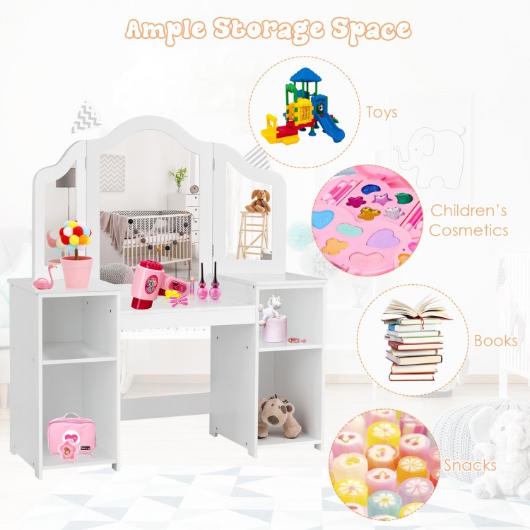 Kids tri-folding mirror makeup dressing vanity table set in white with ample storage for toys and children's cosmetics.