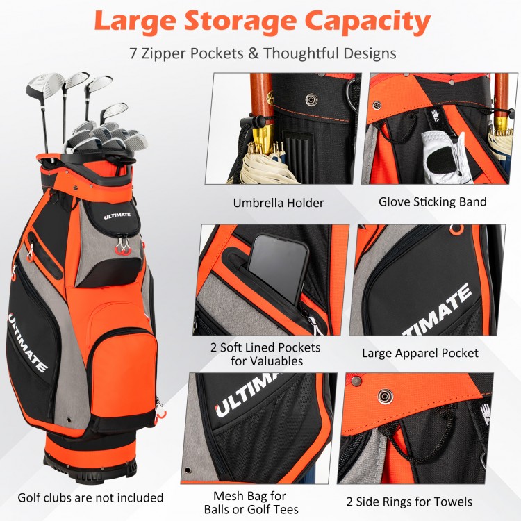 Golf stand bag in orange with 14 way dividers and 7 zippered pockets for organized storage and easy transport.