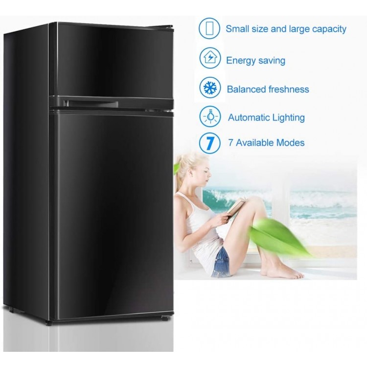 Compact black refrigerator with two doors, adjustable shelves, and energy-saving features for small spaces like dorms.
