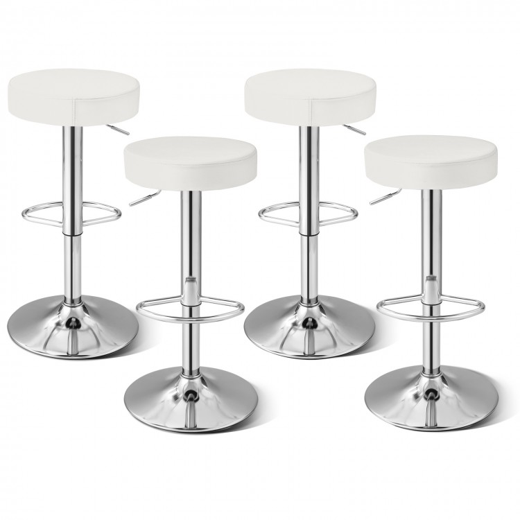 Set of 2 white PU leather swivel bar stools with chrome footrest, adjustable height, perfect for kitchen or bar use.