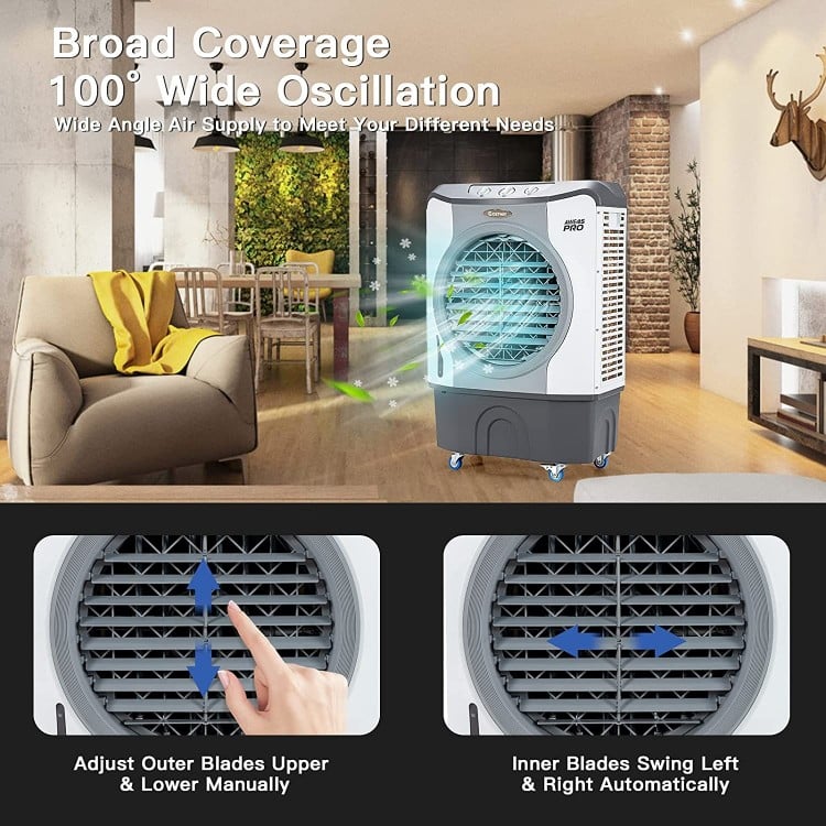 4-in-1 industrial evaporative air cooler with 12-gallon tank, 100° oscillation, and wheels for easy mobility in large.