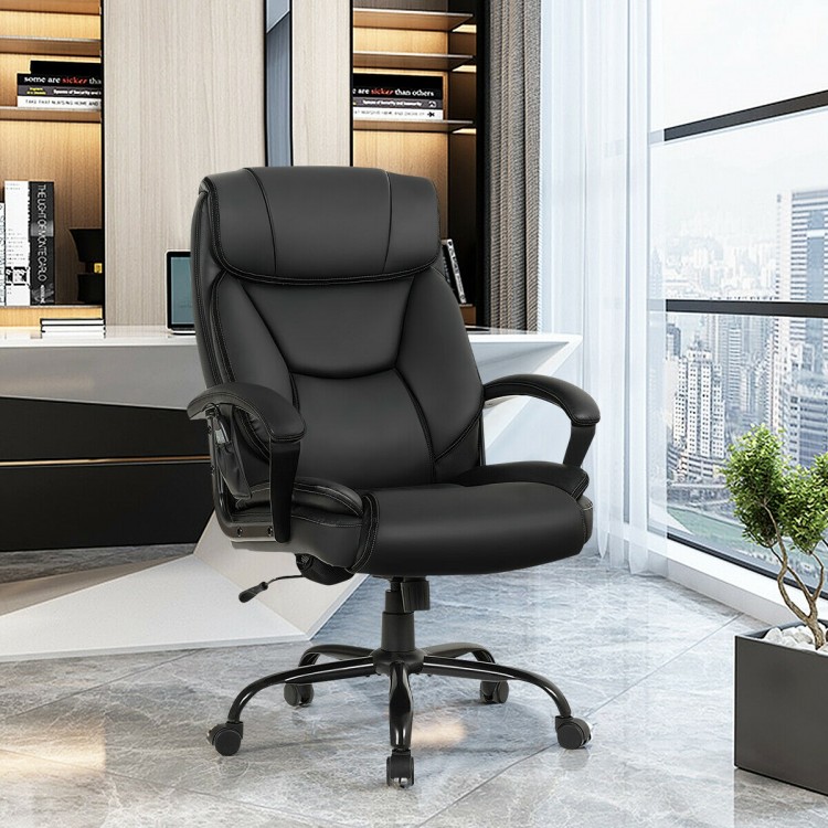 Massage executive office chair in black with ergonomic design, 6 vibrating points, and adjustable height for comfort.