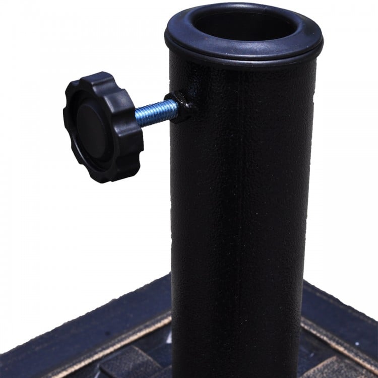 Close-up of the 17.5-inch heavy-duty umbrella base stand with a bronze finish, designed for outdoor stability.