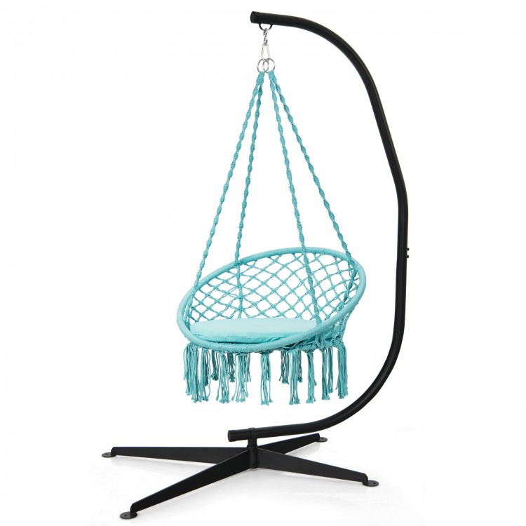 Turquoise hanging chair with solid steel C hammock frame stand, ideal for indoor and outdoor use, featuring a.