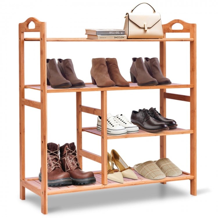 Four-tier bamboo shoe rack showcasing boots and shoes, ideal for entryway storage and home organization.