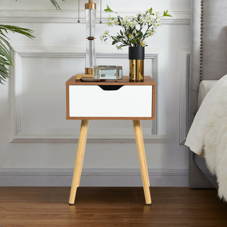 End side storage drawer nightstand with solid wooden legs, featuring a smooth sliding drawer and modern design for.