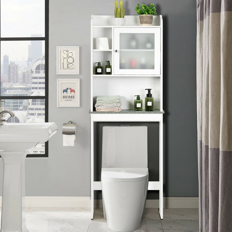 White over-the-toilet cabinet with adjustable shelves, modern design, and ample storage for bathroom organization.