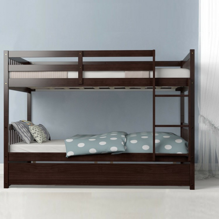 Full over full bunk bed in brown wood with trundle, featuring sturdy slats and guardrails, perfect for kids' rooms.