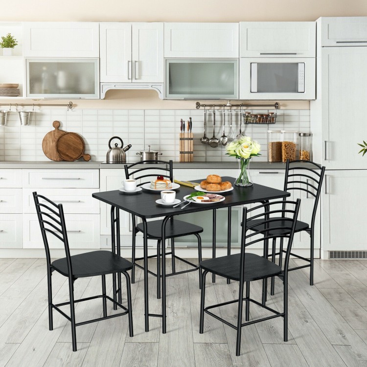5-piece wood rectangular dining table set with sturdy iron frame, featuring 1 table and 4 chairs for kitchen use.