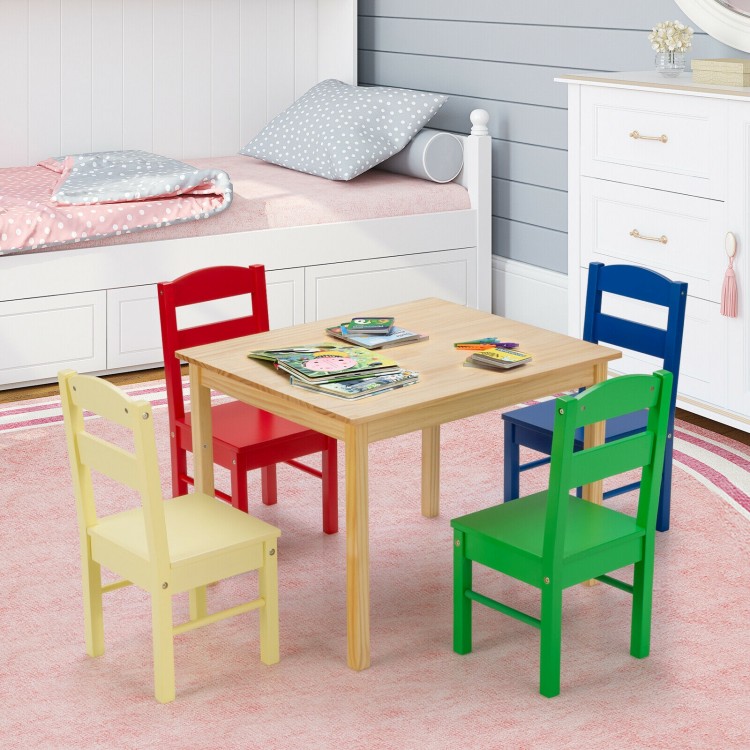 Kids' multicolor table and chair set made of solid pine wood, ideal for indoor or outdoor playtime activities.