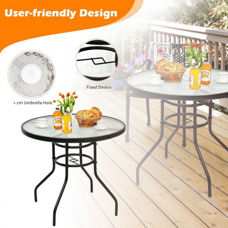 Round 32-inch patio table with tempered glass top and umbrella hole, featuring a black steel frame for outdoor use.