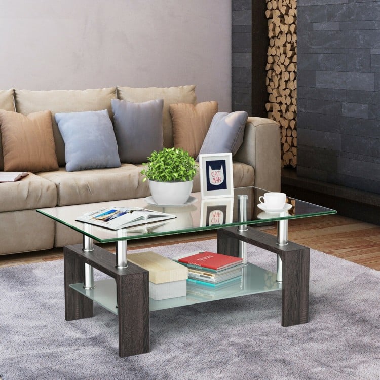 Rectangular tempered glass coffee table with a black MDF shelf, perfect for storing books and magazines in a modern.