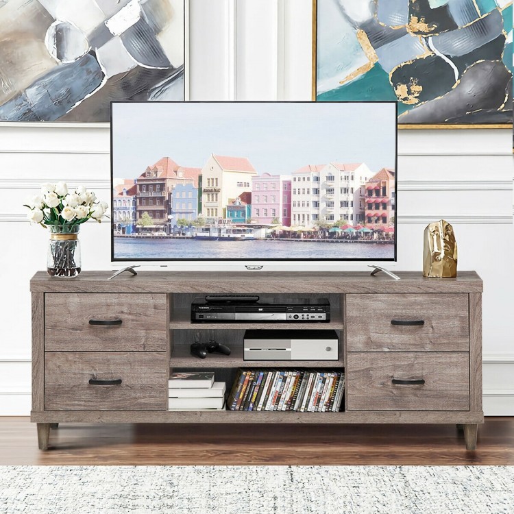 Retro wooden TV stand featuring 3 open shelves and 4 drawers, designed for TVs up to 65", enhancing living room.