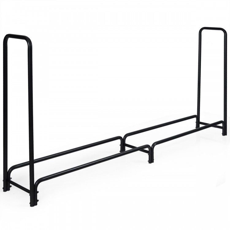 Side view of the 8-foot outdoor steel firewood log rack, featuring a heavy-duty frame for durable outdoor wood storage.