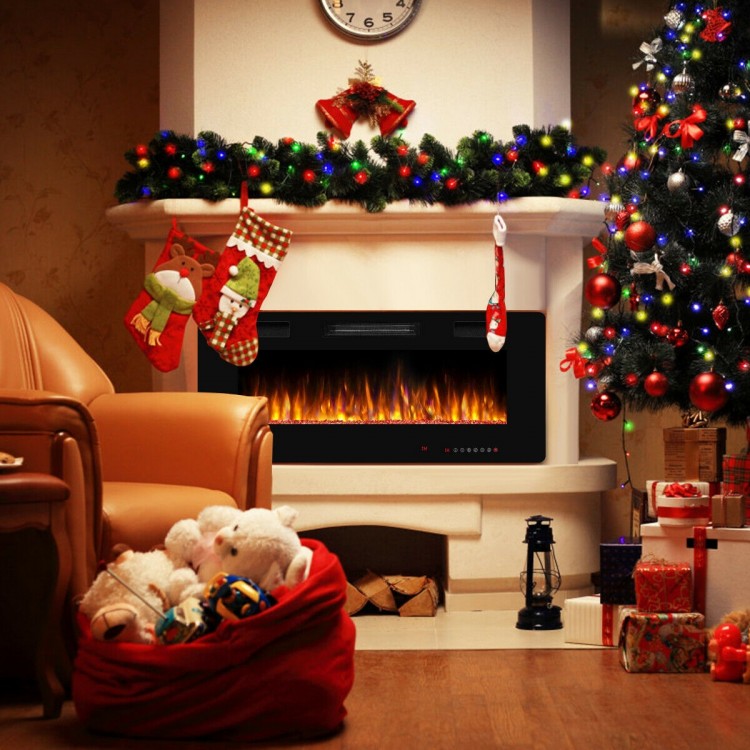 42-inch recessed electric fireplace with colorful flames, remote control, and crystal decoration, perfect for cozy.