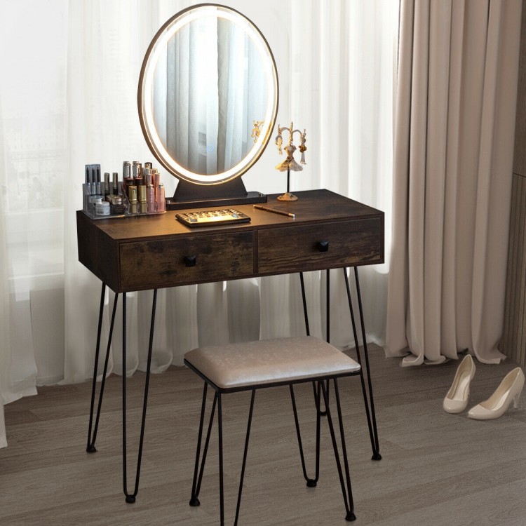 Industrial makeup dressing table in rustic brown with touch screen mirror, two drawers, and matching stool for elegant.