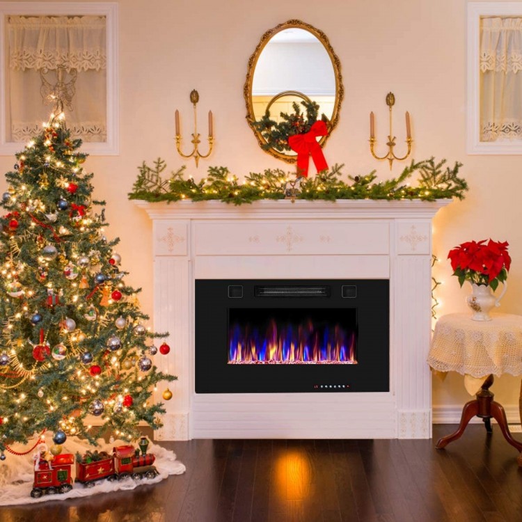 30-inch recessed electric fireplace heater with black glass, showcasing colorful flames and modern design for cozy.