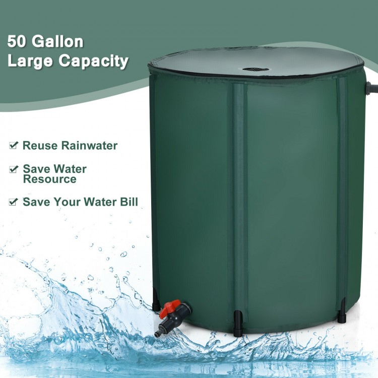 53-gallon collapsible rain barrel in green, made of durable PVC, designed for water collection and saving resources.