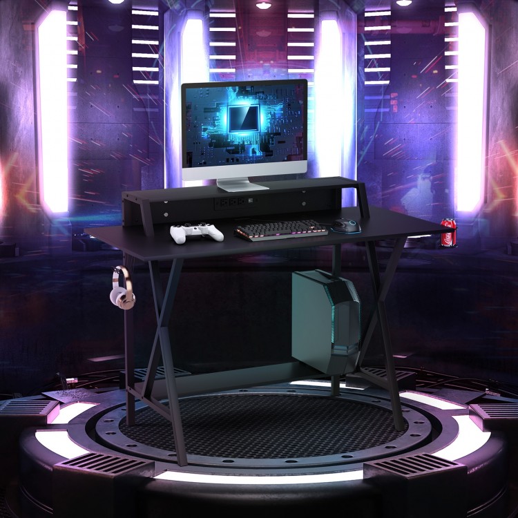 All-in-One Professional Gaming Desk featuring a sturdy metal frame, monitor stand, cup holder, and headphone holder for.