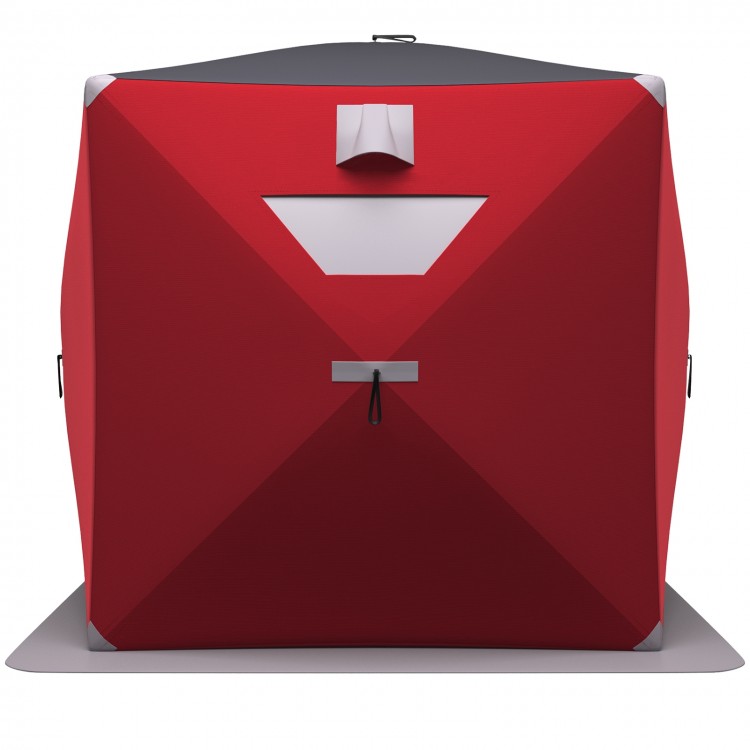 Red 2-person portable pop-up ice fishing tent with dual-layer windows for customizable ventilation and comfort.